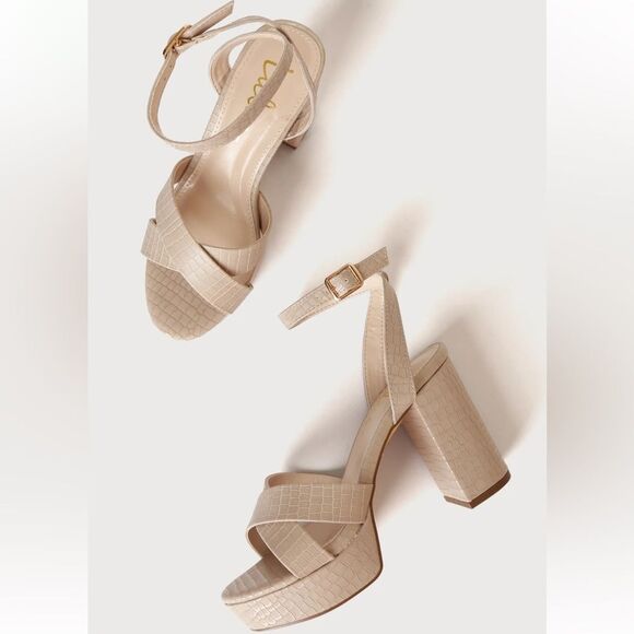 Lulu’s Light Nude Crocodile-Embossed Ankle Strap Heels(Size 11) - Picture 2 of 9
